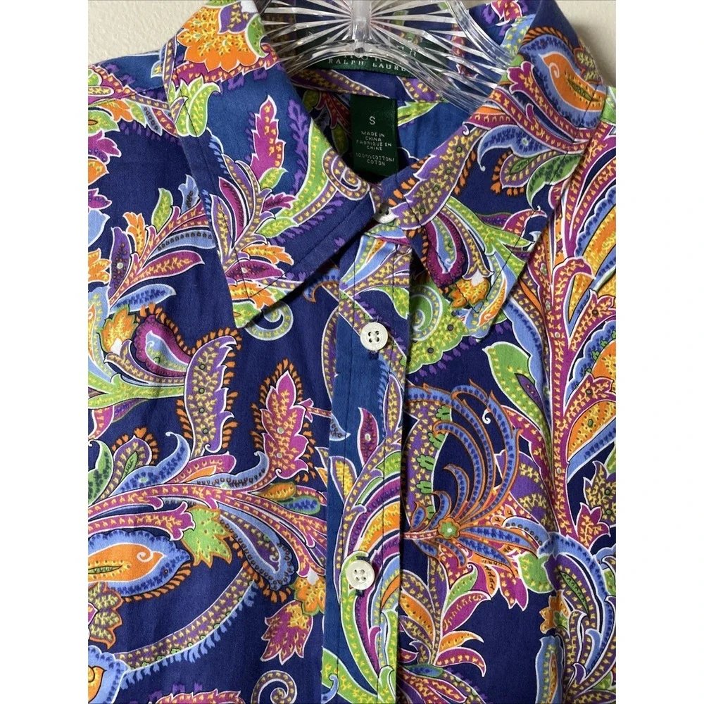 Lauren Ralph Lauren Women's Paisley Floral Purple Blouse Shirt 100% Cotton Small